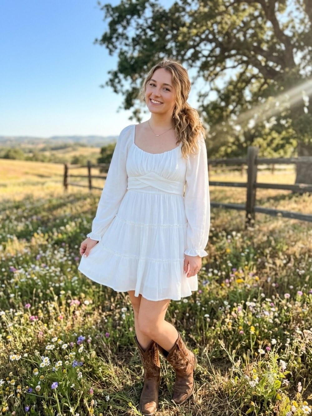 Trixxi White Long-Sleeve Tiered Peasant Dress